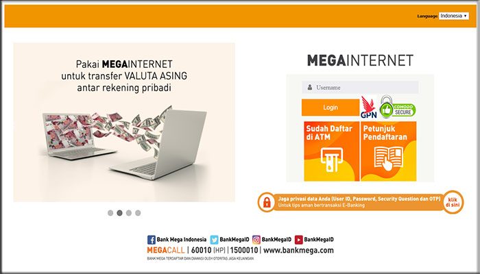 Aktivasi internet banking yang ada pada situs web bank mega